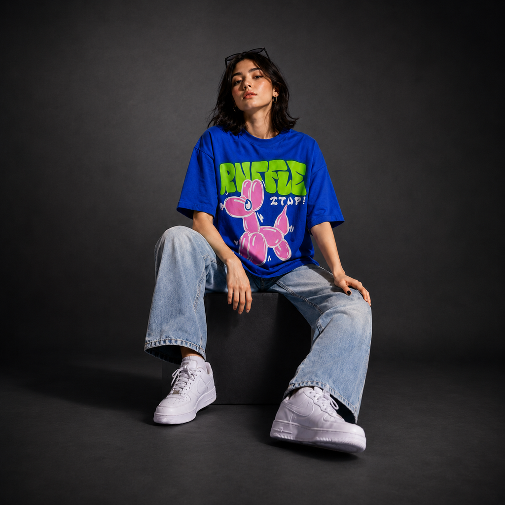 Blue Balloon Graphic Oversized T-Shirt