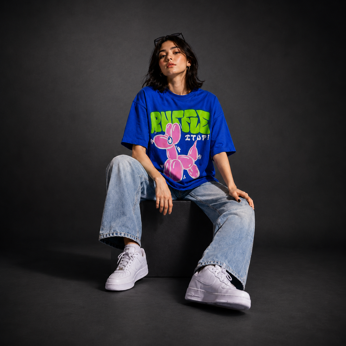 Blue Balloon Graphic Oversized T-Shirt